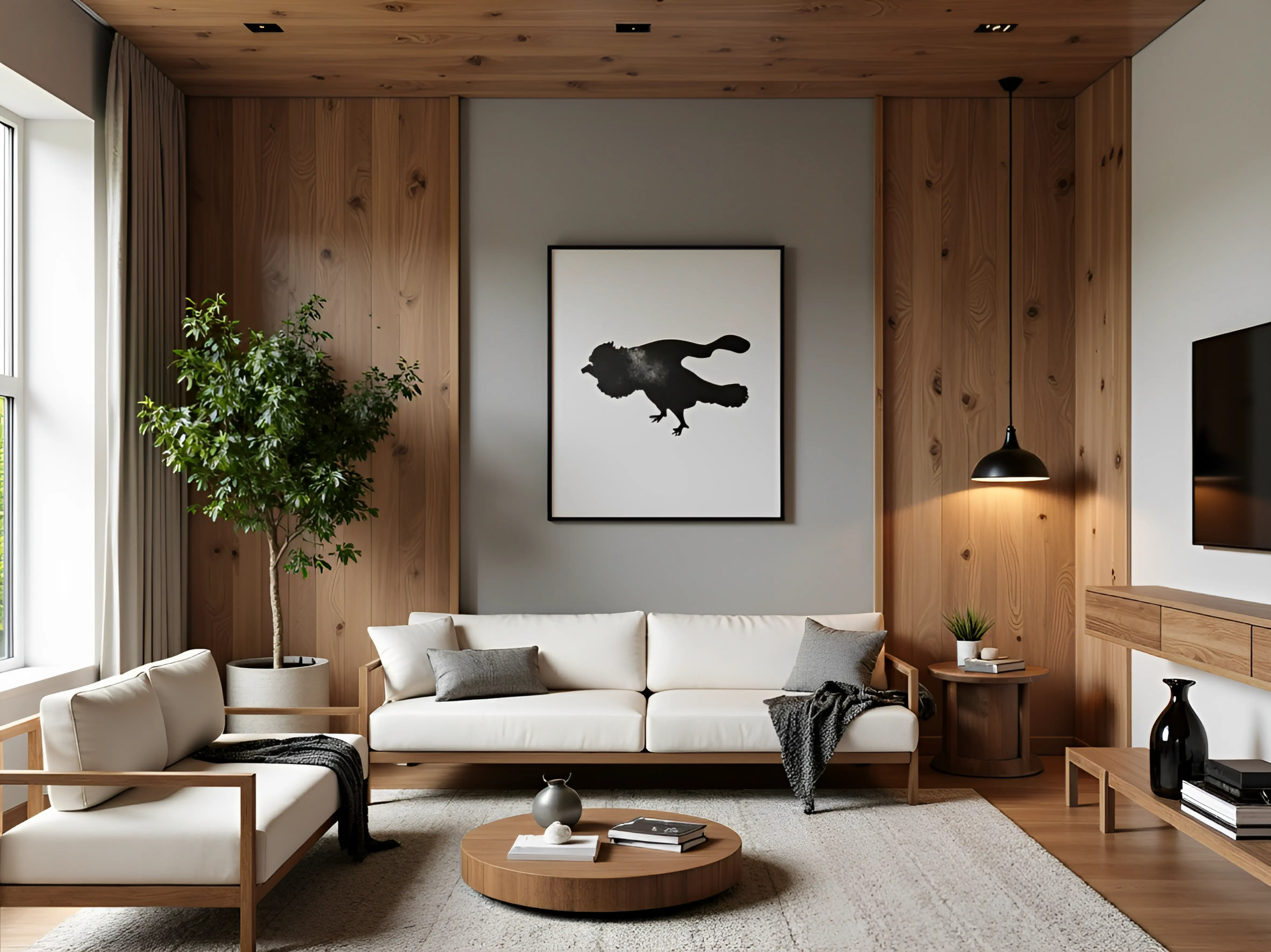 Wood ceiling cream sofa